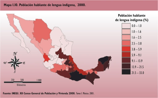Mapa 1.10 Porcentaje de la poblaciÃ³n que es hablante de lengua indÃ­gena,  2000