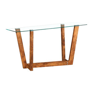 Mesa rectangular alta con base de madera chueca y cubierta de cristal de  150x40x75cm | Galerias el Triunfo