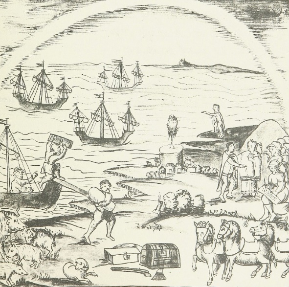 "La Malinche en el arribo de la empresa de conquista a Veracruz", CÃ³dice Florentino, siglo XVI.