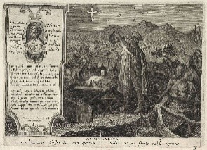 Gravure en noir et blanc reprÃ©sentant un homme debout devant une table sur laquelle se trouvent divers outils de mesure. L'homme observe une croix dans le ciel et tient un compas dans sa main droite et un astrolabe dans sa main gauche.
