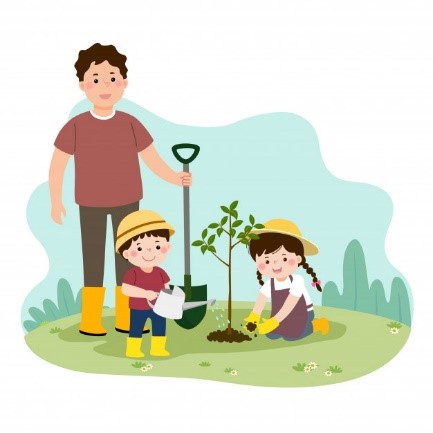IlustraciÃ³n vectorial de una caricatura de niÃ±os felices ayudando a su  padre a plantar el Ã¡rbol joven. | Vector Premium