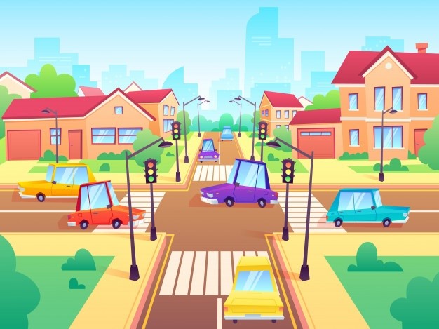 Encrucijada de la ciudad de dibujos animados con coches en atasco de  trÃ¡fico, acera, cruce de peatones y paisaje urbano ilustraciÃ³n vectorial |  Vector Premium